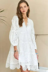 ADORA Lace Detail Tiered Eyelet V-Neck Babydoll Dress - Femstylo