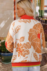 Khaki Ribbed Detail Floral Pattern Zip Collar Pullover Sweater