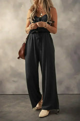 Moss Green Knotted Straps Button Textured Drawstring Jumpsuit - Femstylo