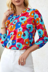Floral Print V Neck Blouse - 3/4 Sleeve & Non-Stretch | Femstylo - Femstylo