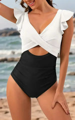 Black Color Block Cut Out Criss Cross One Piece Swimsuit - Femstylo