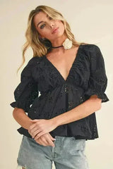 Aemi + Co Eyelet Embroidered V-Neck Half Sleeve Peplum Blouse - Femstylo