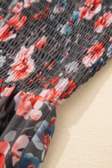 Brown Frilly Smocked Bodice Floral Mesh Long Sleeve Mini Dress