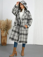 Plaid Double-Breasted Long Sleeve Longline Coat - Femstylo