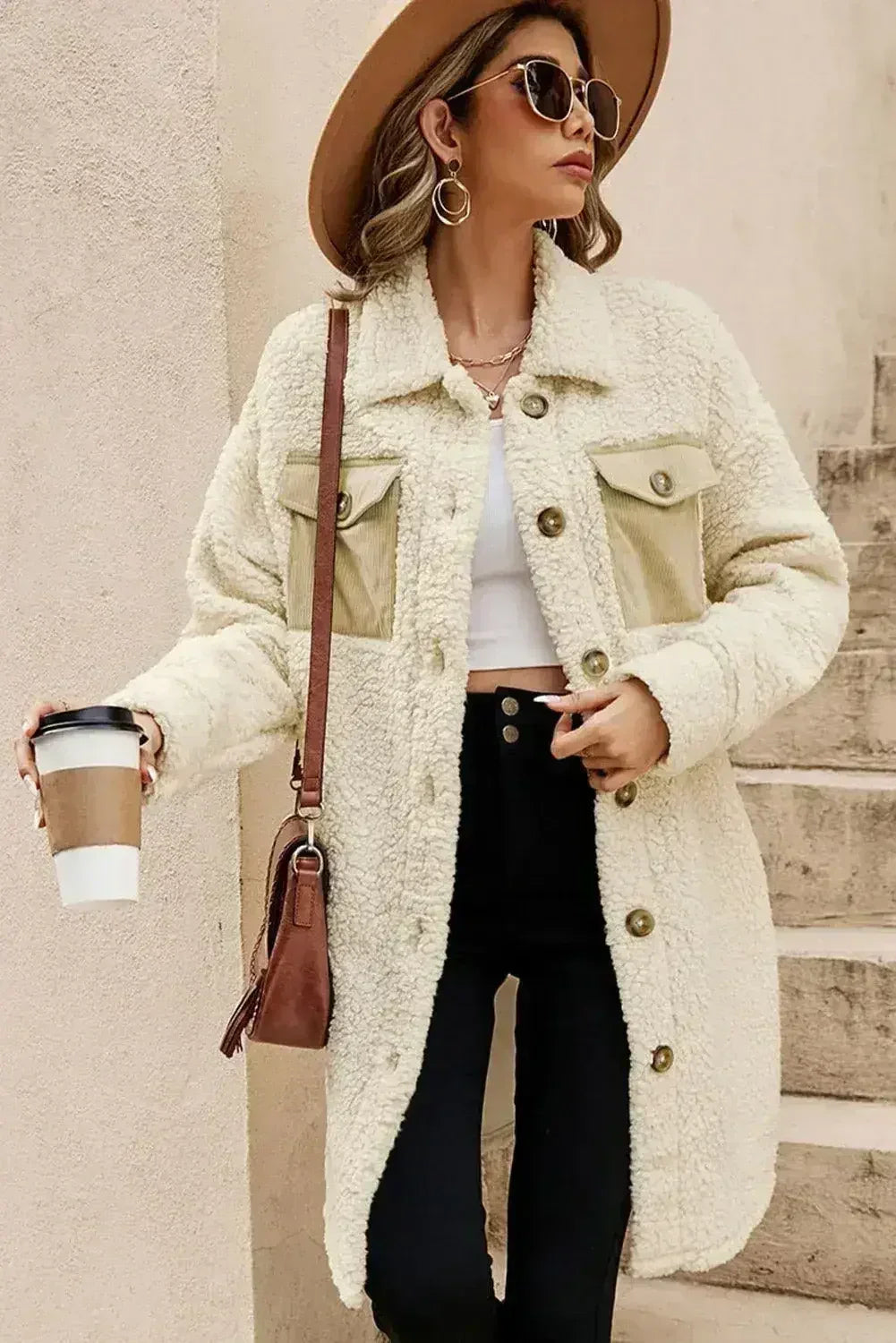 Beige Contrast Flap Pocket Single Breasted Teddy Coat - Femstylo