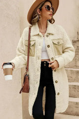 Beige Contrast Flap Pocket Single Breasted Teddy Coat - Femstylo