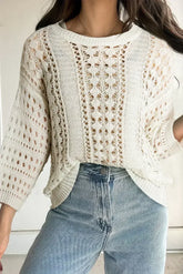 White Hollow Out Knit Bracelet Sleeve Drop Shoulder Sweater - Femstylo