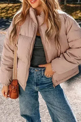 Apricot Pink Full Zipper Quilted Puffer Jacket - Femstylo