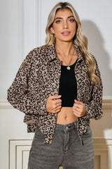 Dark Khaki Leopard Print Raw Hem Cropped Jacket – Femstylo
