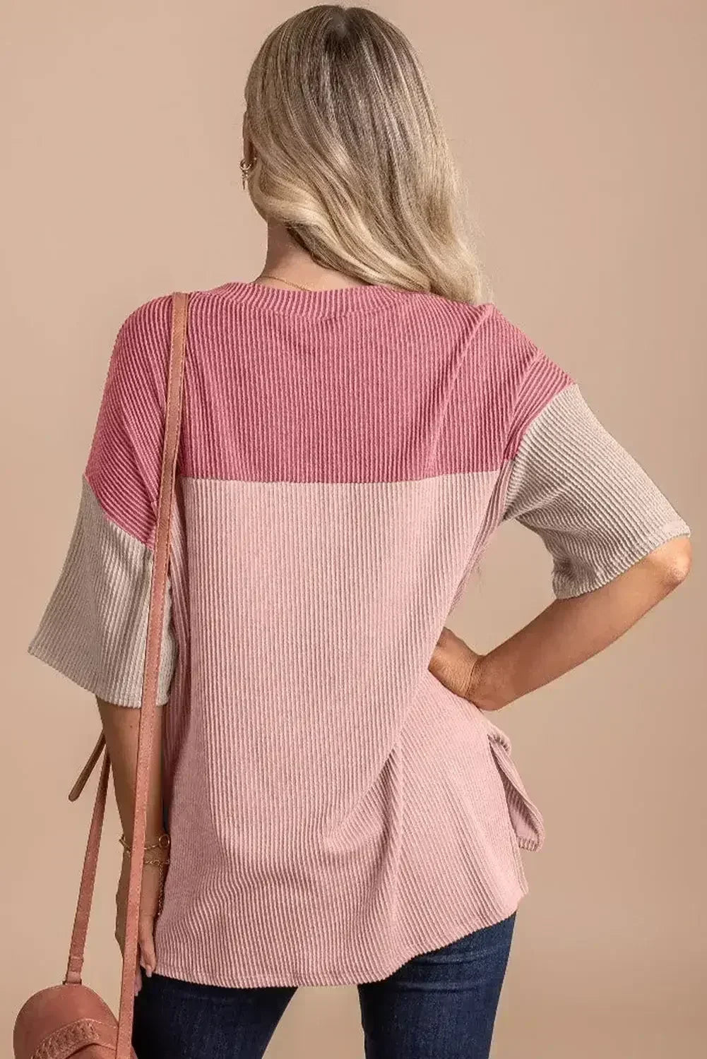 Black Color Block Ribbed Side Slits Half Sleeve Top - Femstylo