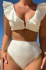 White Textured Ruffled Notched V Neck High Waist Bikini Set - Femstylo