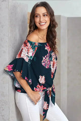 Navy Off Shoulder Floral Tie Front High Low Chiffon Blouse - Femstylo