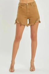 RISEN High Waist Frayed Hem Denim Shorts - Femstylo