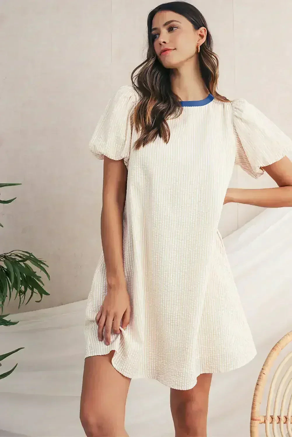 Beige Striped Print Puff Sleeve Textured Mini Dress - Femstylo