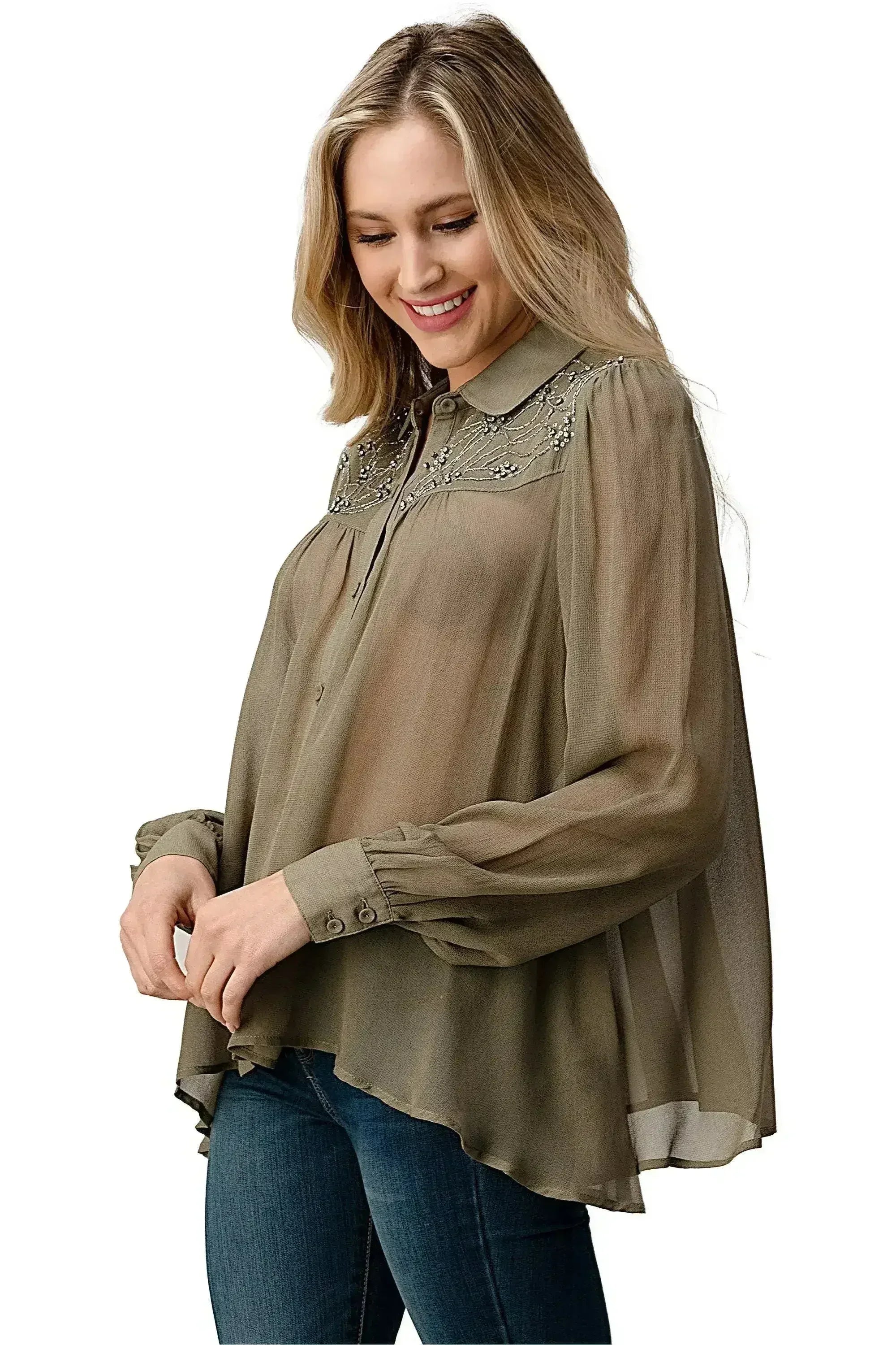 Embroidered Sheer Button-Up Blouse – Casual Elegance - Femstylo