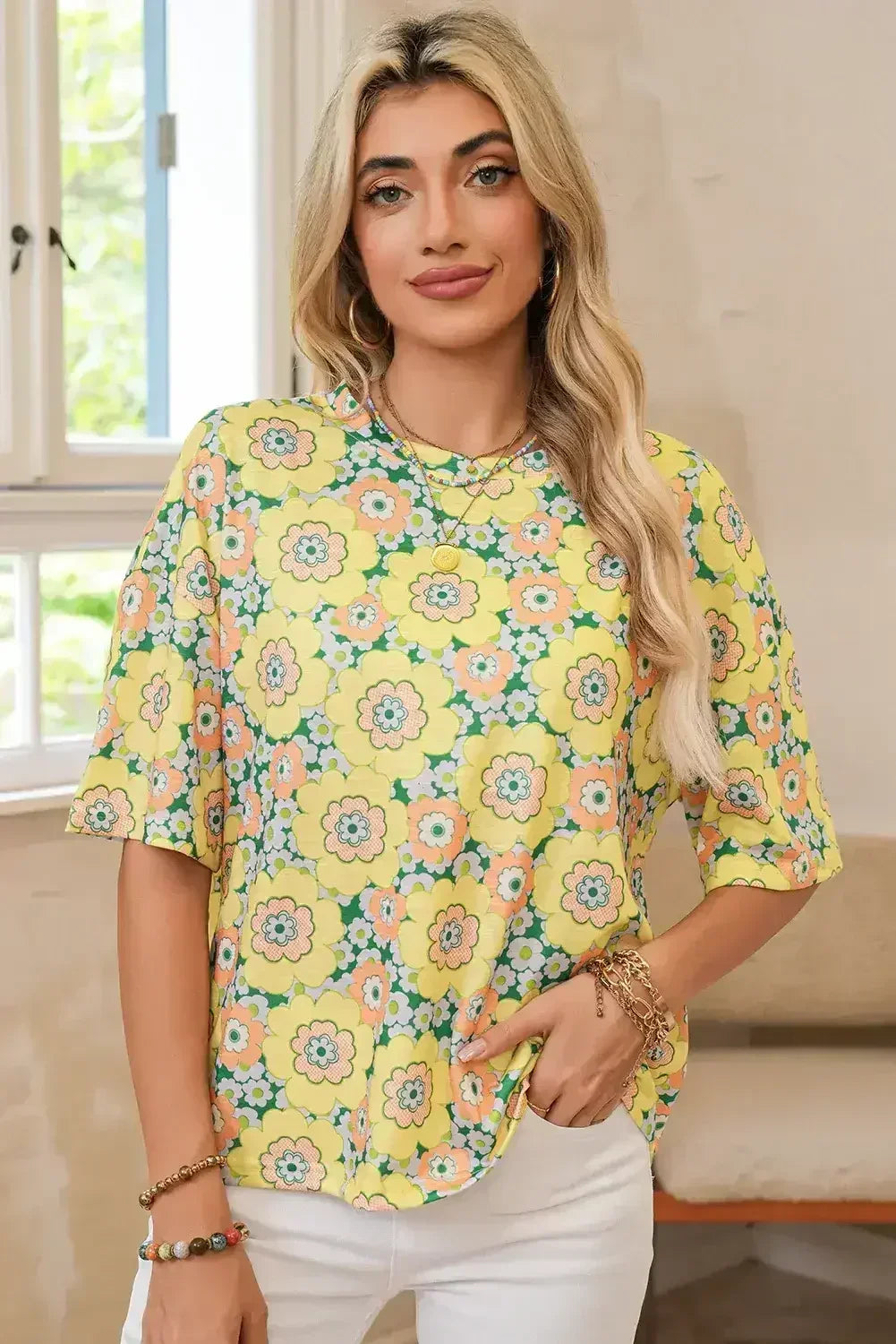 Yellow Summer Flower Print Drop Shoulder Loose T Shirt - Femstylo