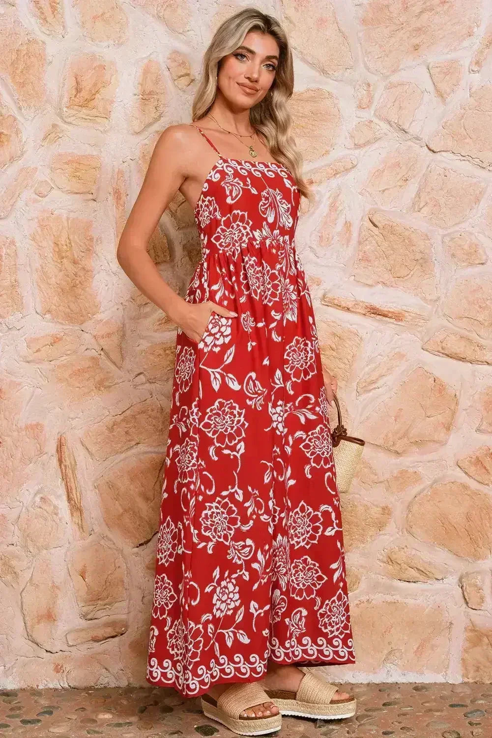 Red Floral Print Spaghetti Strap Empire Waist Maxi Dress - Femstylo