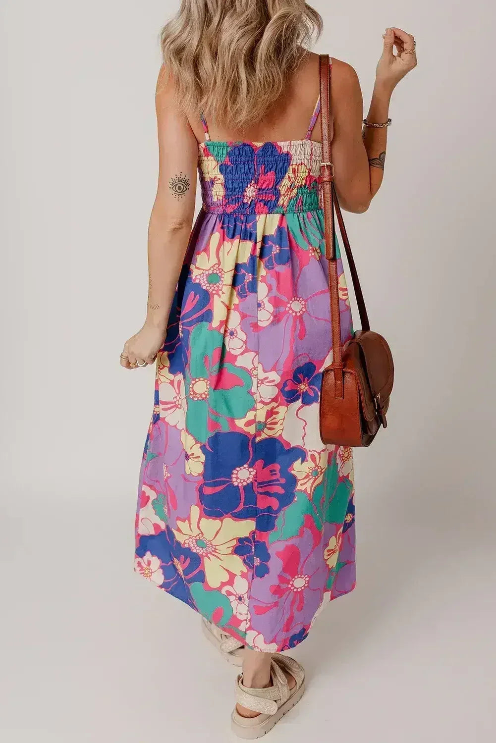 Purple Floral Print Shirred Spaghetti Strap Loose Maxi Dress - Femstylo