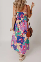 Purple Floral Print Shirred Spaghetti Strap Loose Maxi Dress - Femstylo
