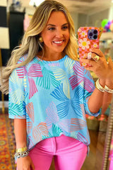 Sky Blue Bowknot Print Waffle Loose Tee - Femstylo