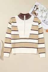 Khaki Striped Colorblock Zip Neck Knit Sweater