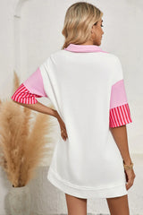 White Stripe Colorblock Sleeve Collared Pop of Color Neckline Dress
