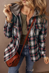 Plaid Hooded Shacket - Red Buffalo Check - Button-Up Overshirt Jacket