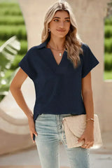 White Textured V Neck Collared Split Hem T Shirt - Femstylo