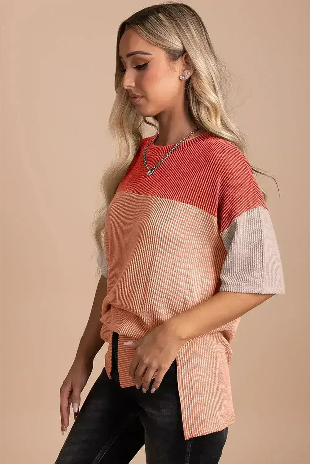 Black Color Block Ribbed Side Slits Half Sleeve Top - Femstylo