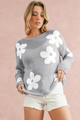 60s Flower Drop Shoulder Hollow Knit Top Light Grey -Femstylo