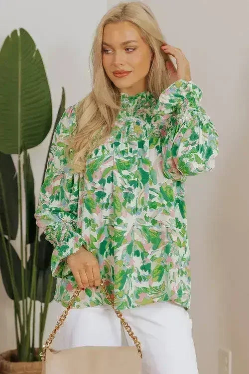 Leaf Print Flounce Sleeve Blouse - Botanical Top | Femstylo - Femstylo