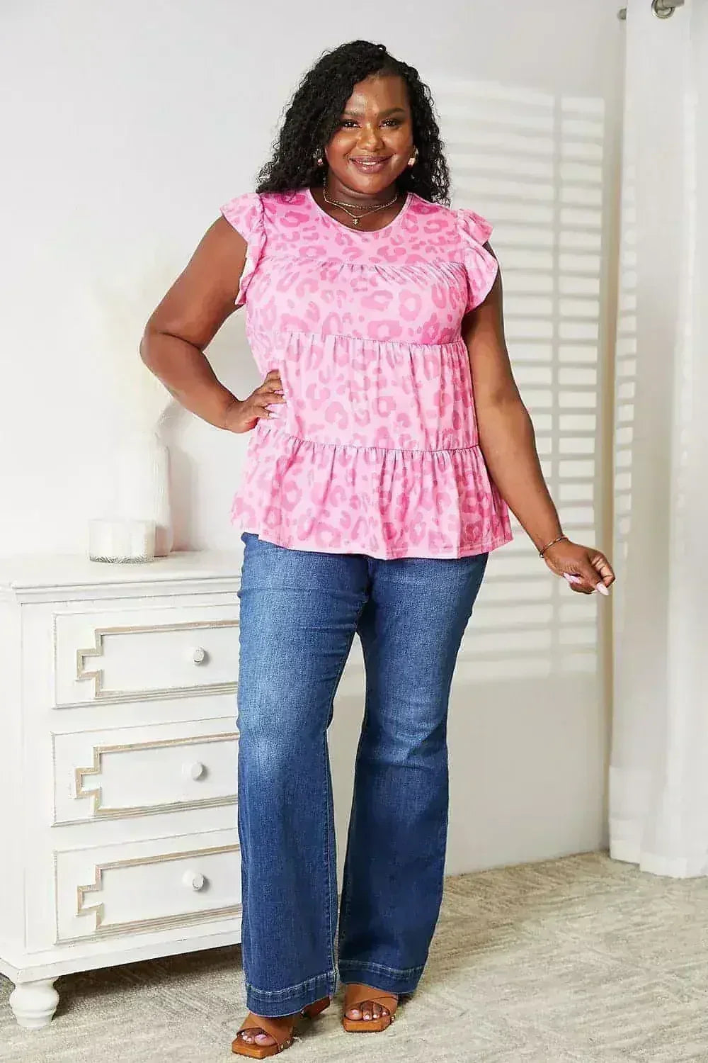 Leopard Tiered Blouse - Long Sleeve Flowy Top | Femstylo - Femstylo