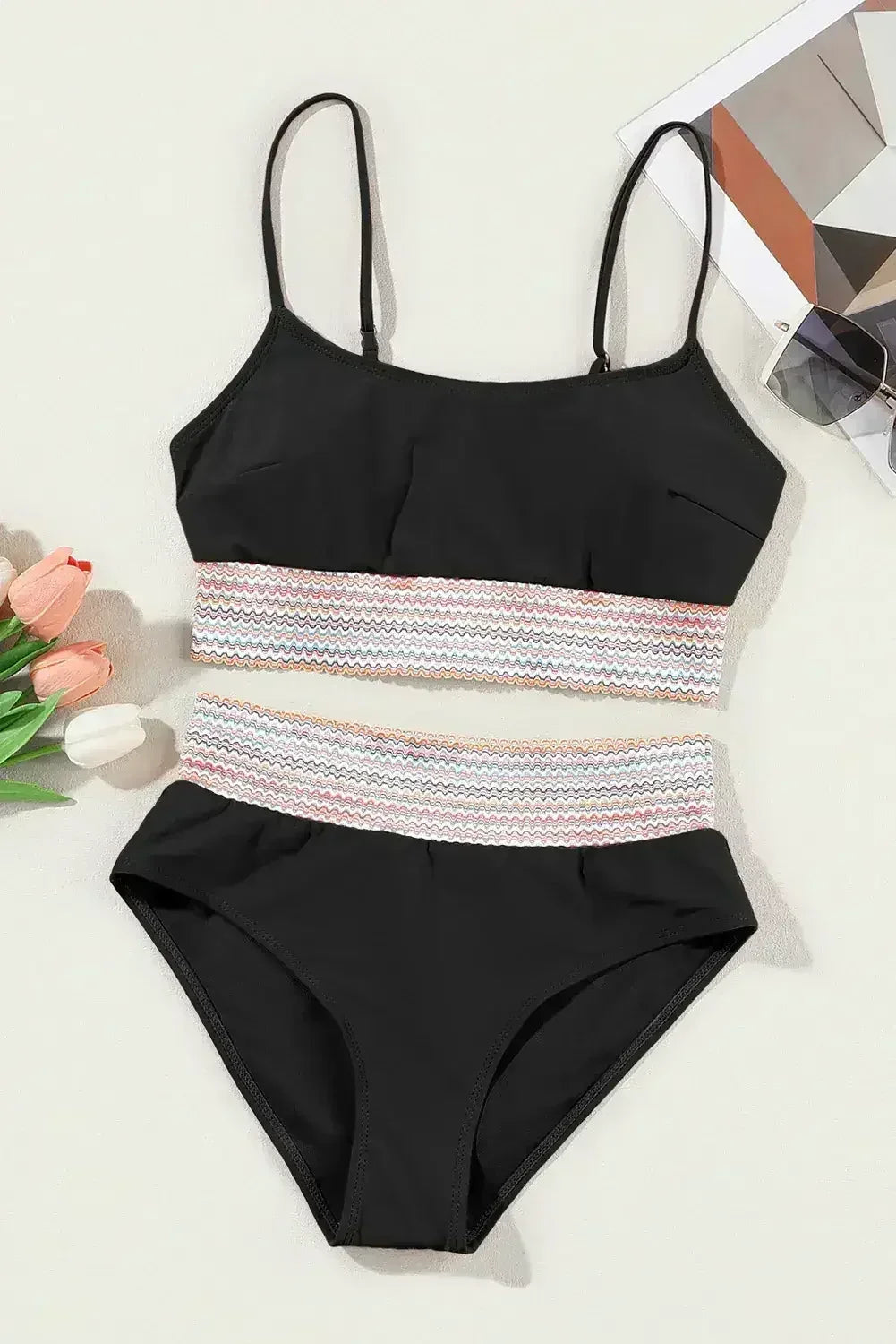 Rose Striped Patchwork Spaghetti Strap High Waist Bikini Set - Femstylo