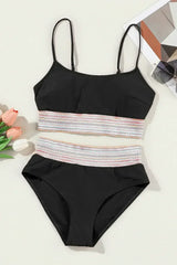 Rose Striped Patchwork Spaghetti Strap High Waist Bikini Set - Femstylo