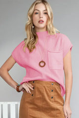 Mineral Red Patch Pocket Ribbed Knit Short Sleeve Sweater - Femstylo