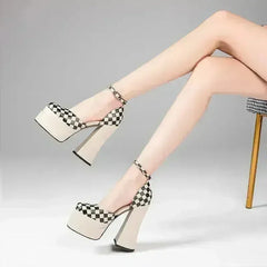 Leather Super Heels Platform Banquet High Heels Colorblock Chunky Heel - Femstylo