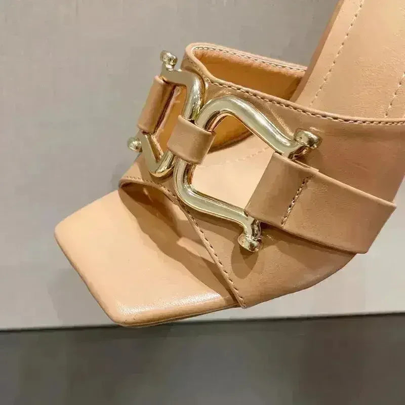 Summer New High-Heeled Women's Shoes Square Head Square Flat With Meta - Femstylo