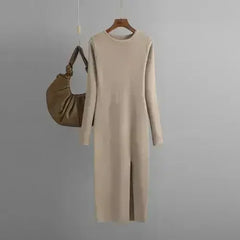 Autumn And Winter Long Sleeve Knitted Backless Round Neck Dress - Femstylo