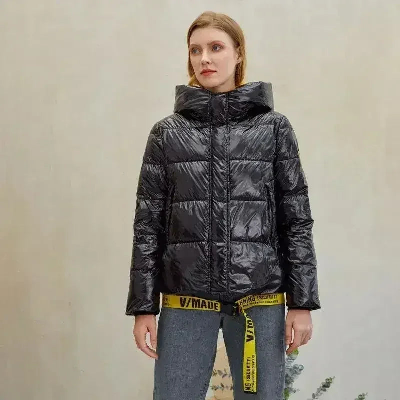 Short women winter coat parkas warm hooded shiny jacket coat Ladies - Femstylo