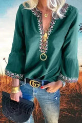 Green Floral V Neck Long Sleeve Casual Boho Top Blouses - Femstylo