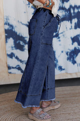 Prussian Blue Drawstring Seam Detail Raw Hem Wide Leg Jeans