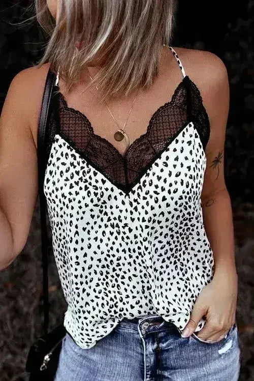 Spaghetti Strap Printed Lace Tank Top - Femstylo