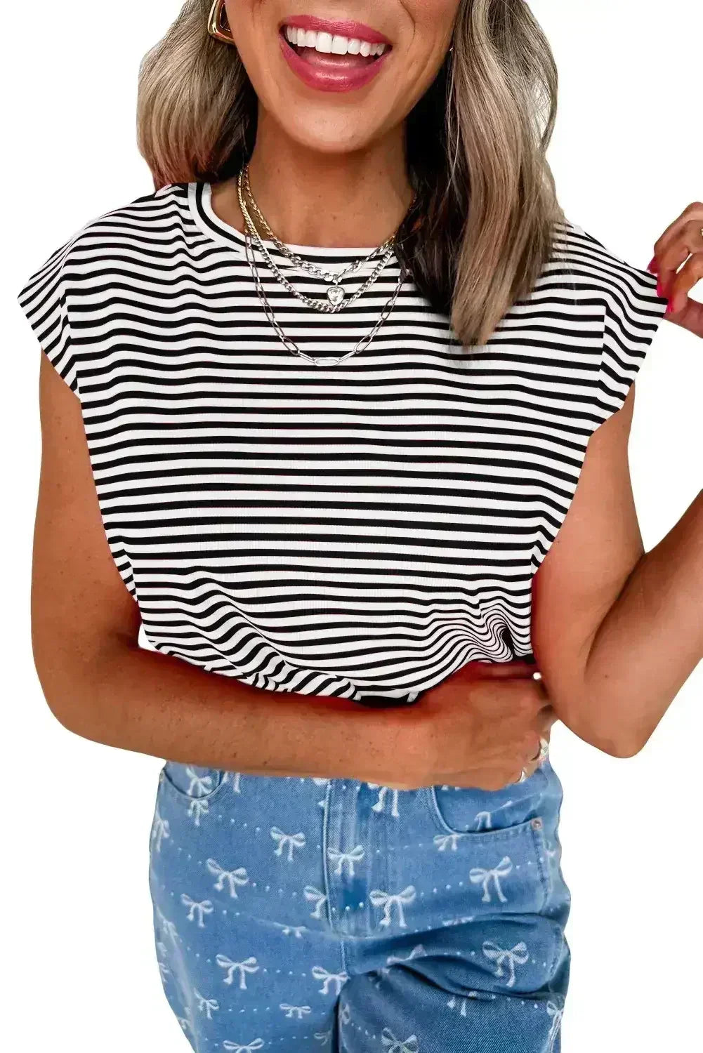 Black Stripe Ribbed Cap Sleeve Round Neck T Shirt - Femstylo