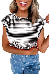 Black Stripe Ribbed Cap Sleeve Round Neck T Shirt