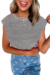 Black Stripe Ribbed Cap Sleeve Round Neck T Shirt - Femstylo