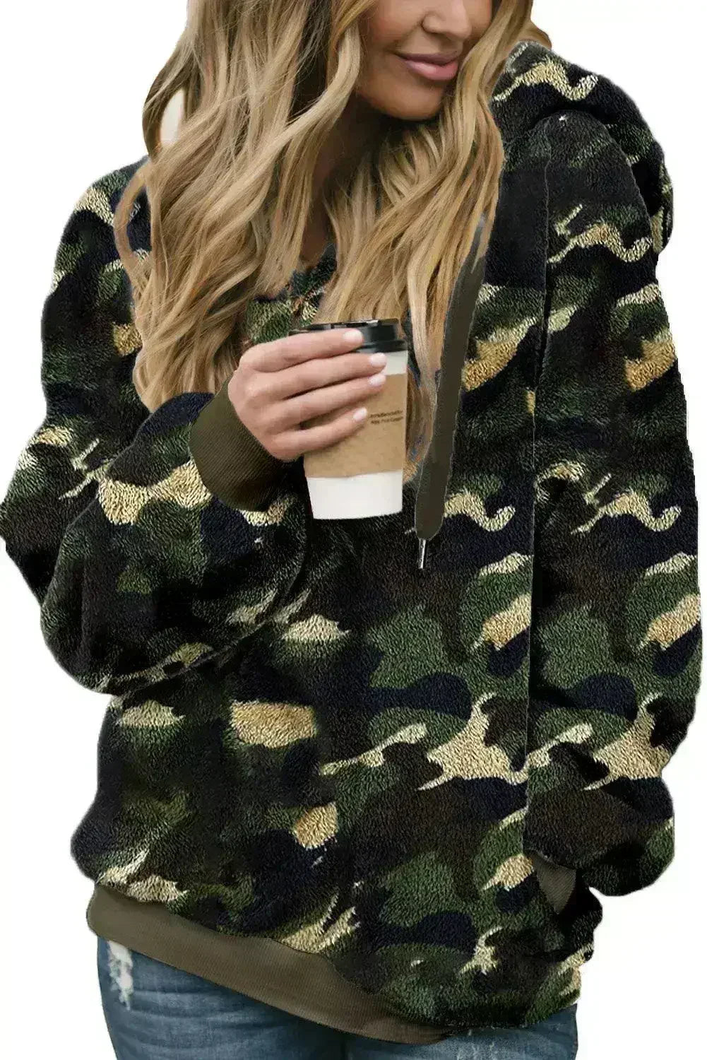 Women's Winter Green Camo Print Warm Furry Pullover Hoodie - Femstylo