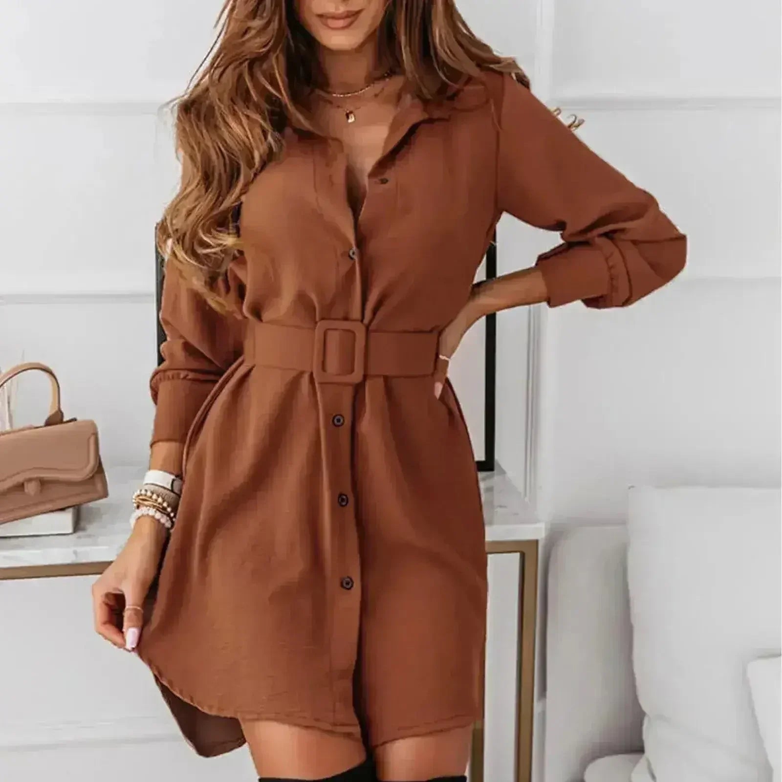 Knee-Length Casual A-Line Slim Fit Shirt Dress with Long Sleeves - Femstylo