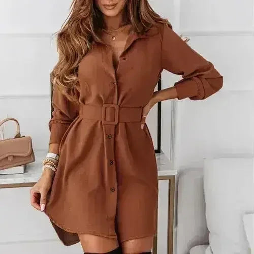 Knee-Length Casual A-Line Slim Fit Shirt Dress with Long Sleeves - Femstylo