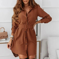 Knee-Length Casual A-Line Slim Fit Shirt Dress with Long Sleeves - Femstylo
