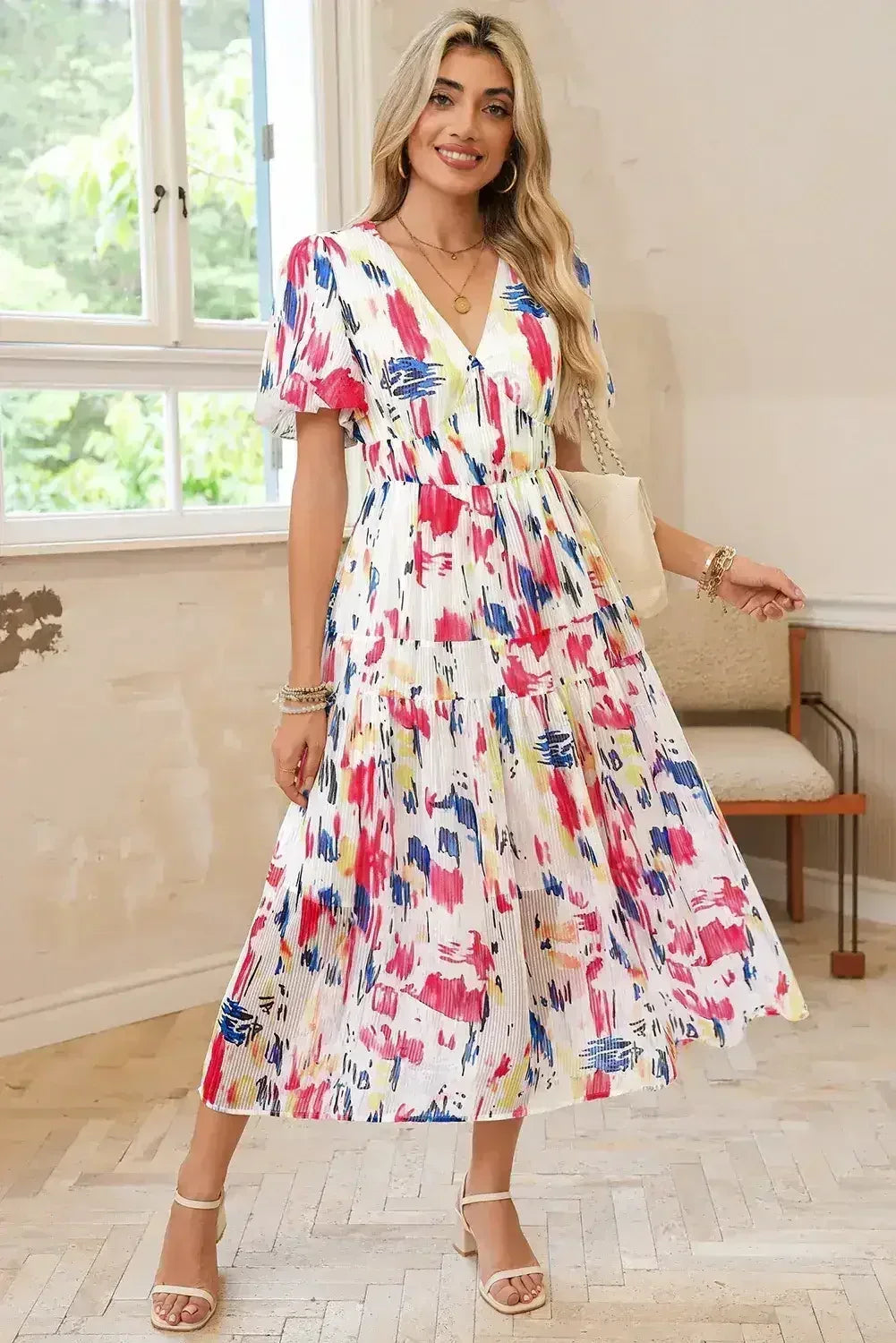 Sky Blue Abstract Print Short Puff Sleeve Tiered Maxi Dress - Femstylo